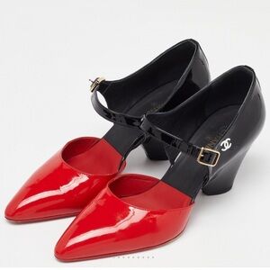 CHANEL Red and Black Patent Mary Jane Pumps